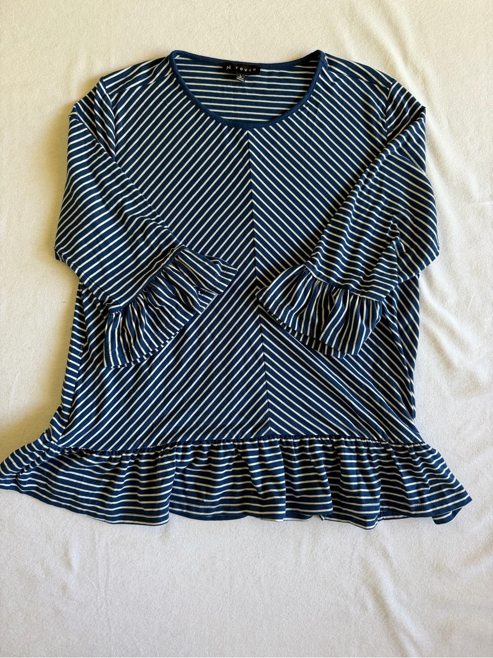 N Touch Navy Striped Ruffle Hem Women's Top